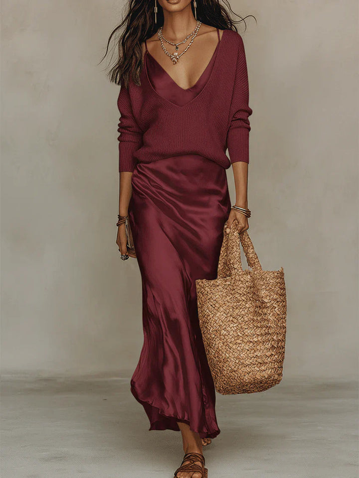 ELENA | Satin Midi Dress with Sweater