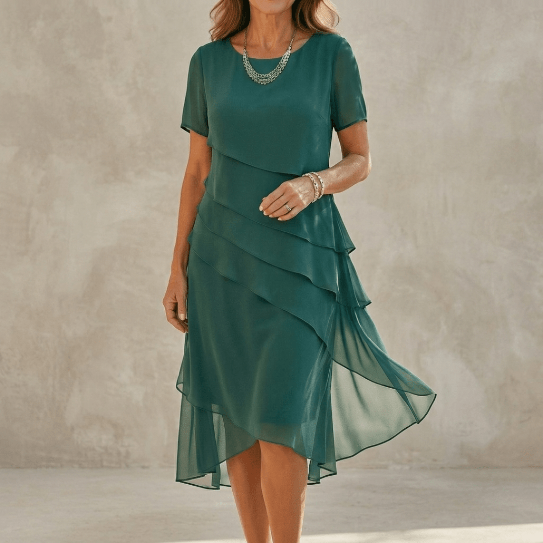 Amara | Elegant Cascade Midi Dress - Harry & Olivia Birmingham