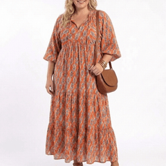 Amara | Geometric Print V Neck Tiered Midi Dress - Harry & Olivia Birmingham