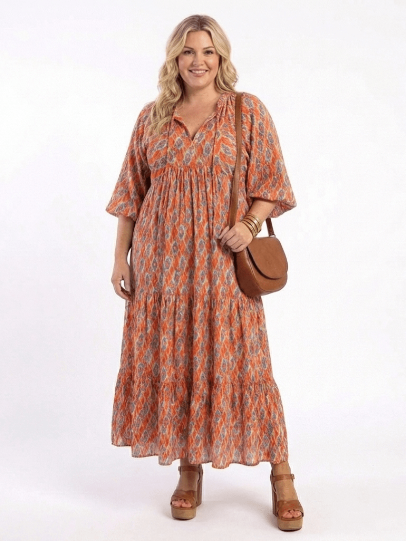 Amara | Geometric Print V Neck Tiered Midi Dress - Harry & Olivia Birmingham