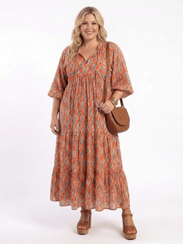 Amara | Geometric Print V Neck Tiered Midi Dress - Harry & Olivia Birmingham