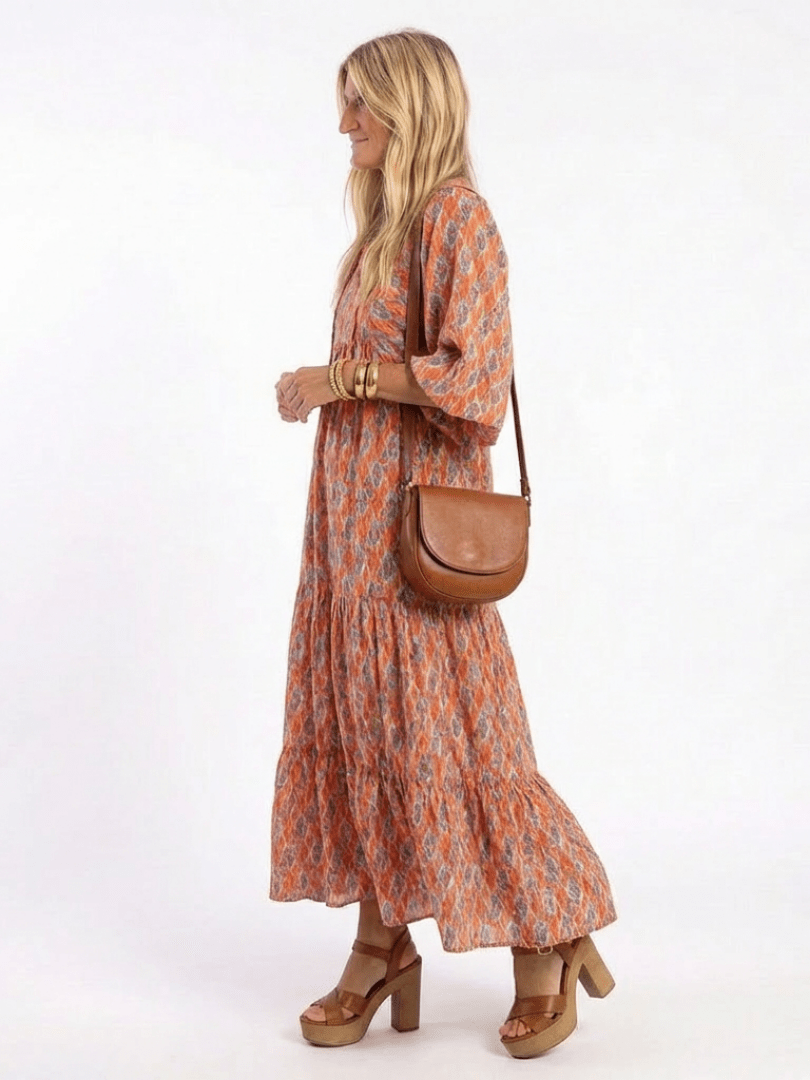 Amara | Geometric Print V Neck Tiered Midi Dress - Harry & Olivia Birmingham