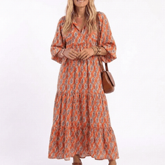 Amara | Geometric Print V Neck Tiered Midi Dress - Harry & Olivia Birmingham