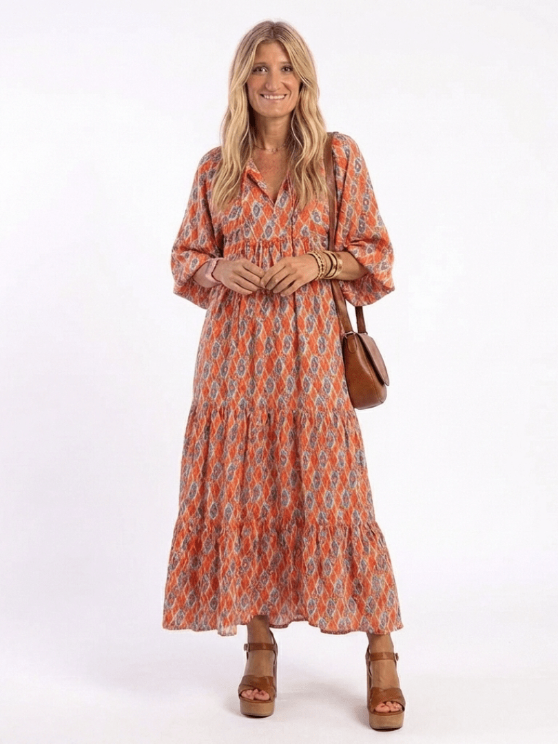 Amara | Geometric Print V Neck Tiered Midi Dress - Harry & Olivia Birmingham