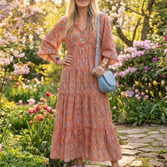 Amara | Geometric Print V Neck Tiered Midi Dress - Harry & Olivia Birmingham