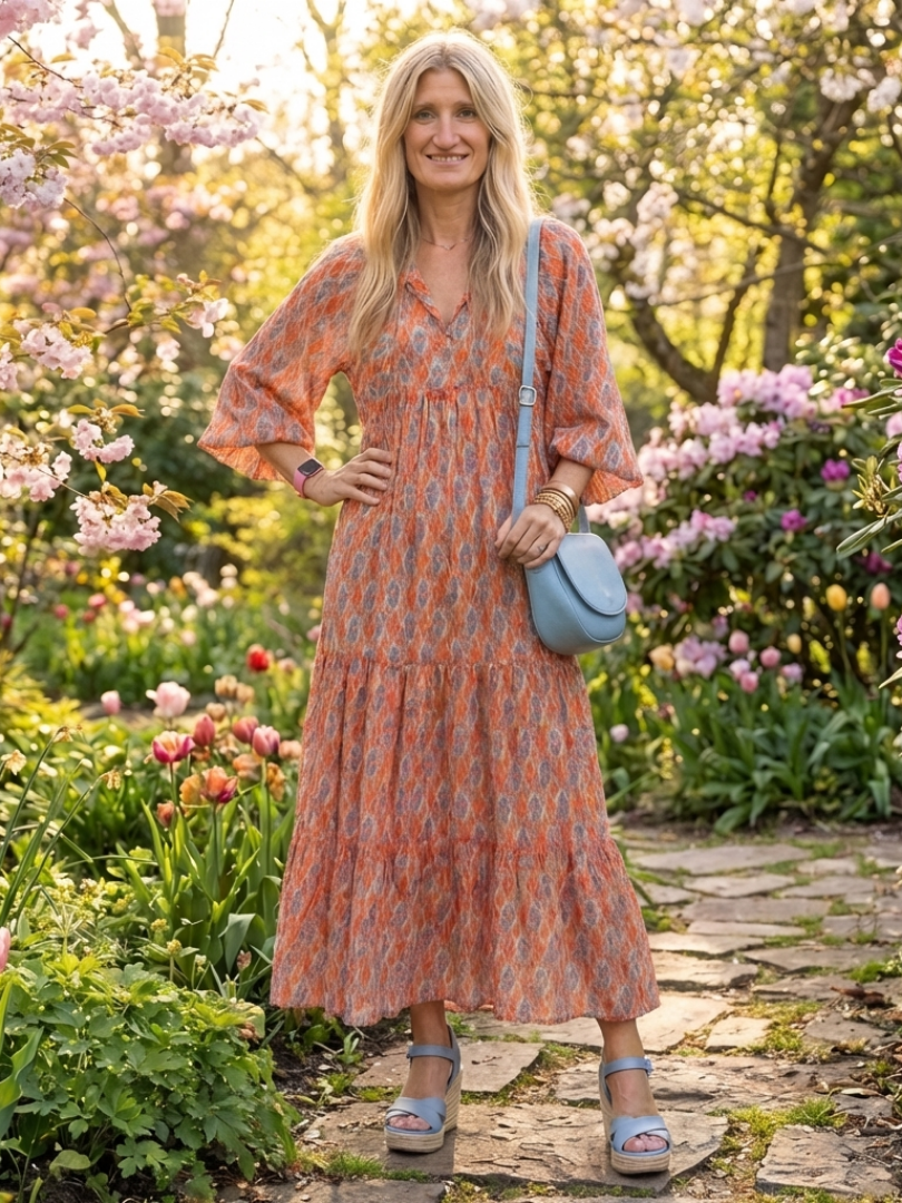 Amara | Geometric Print V Neck Tiered Midi Dress - Harry & Olivia Birmingham