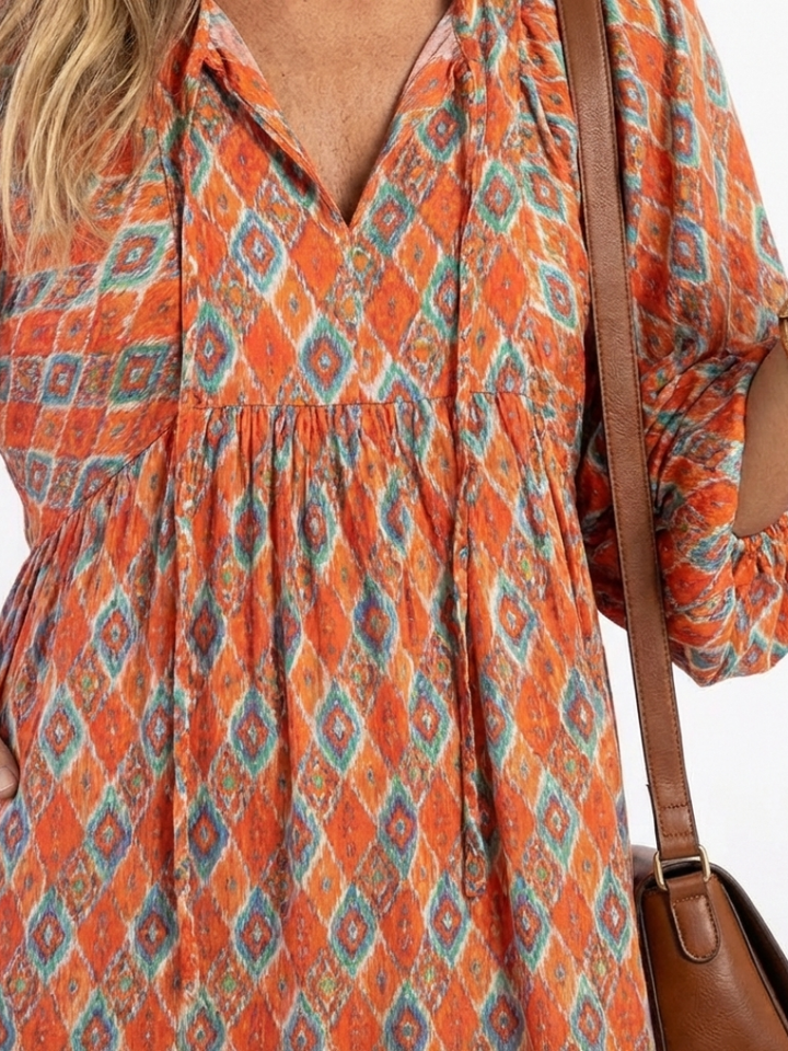 Amara | Geometric Print V Neck Tiered Midi Dress - Harry & Olivia Birmingham