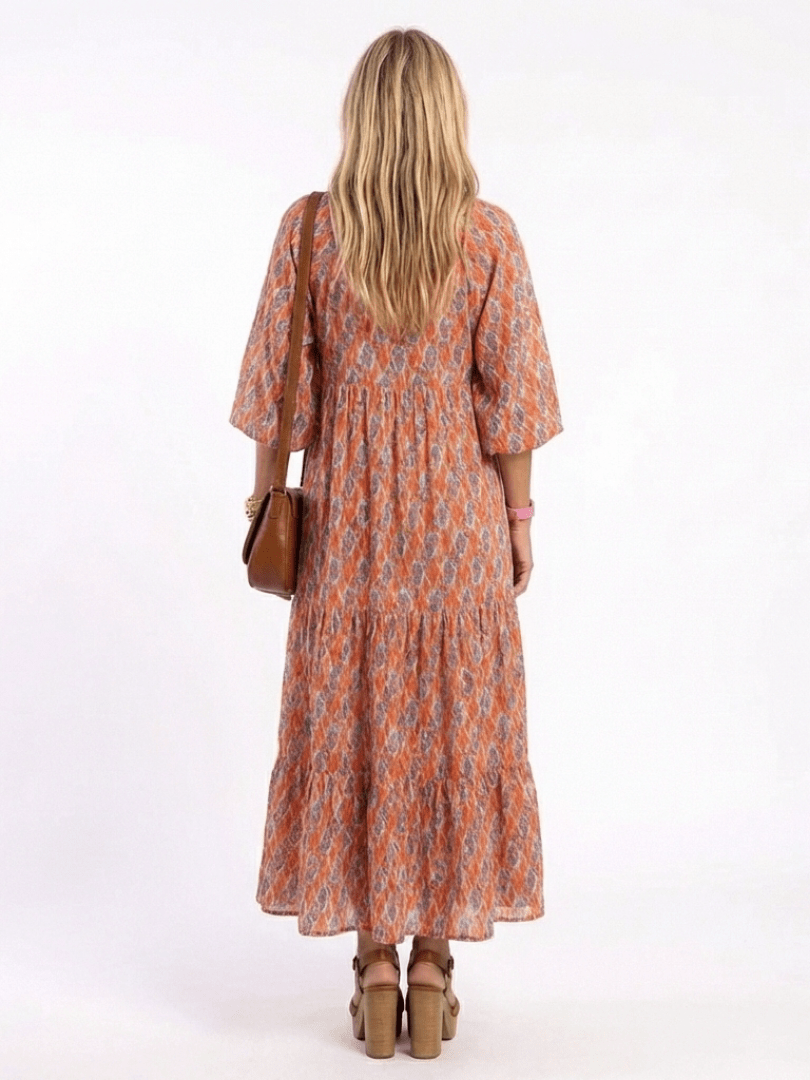 Amara | Geometric Print V Neck Tiered Midi Dress - Harry & Olivia Birmingham