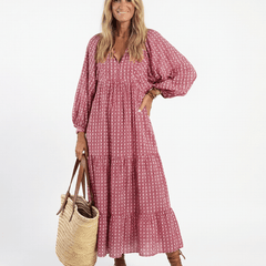Arlette | Geometric Print Long Sleeve Midi Dress - Harry & Olivia Birmingham
