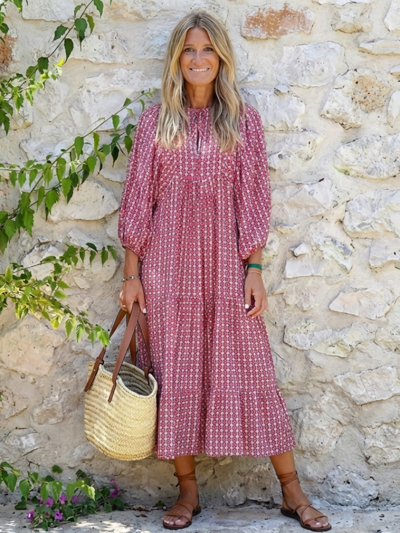 Arlette | Geometric Print Long Sleeve Midi Dress - Harry & Olivia Birmingham