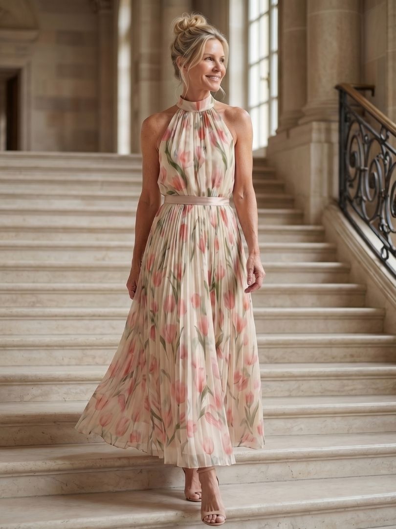 Aurelle | Halter Neck Floral Midi Dress - Harry & Olivia Birmingham