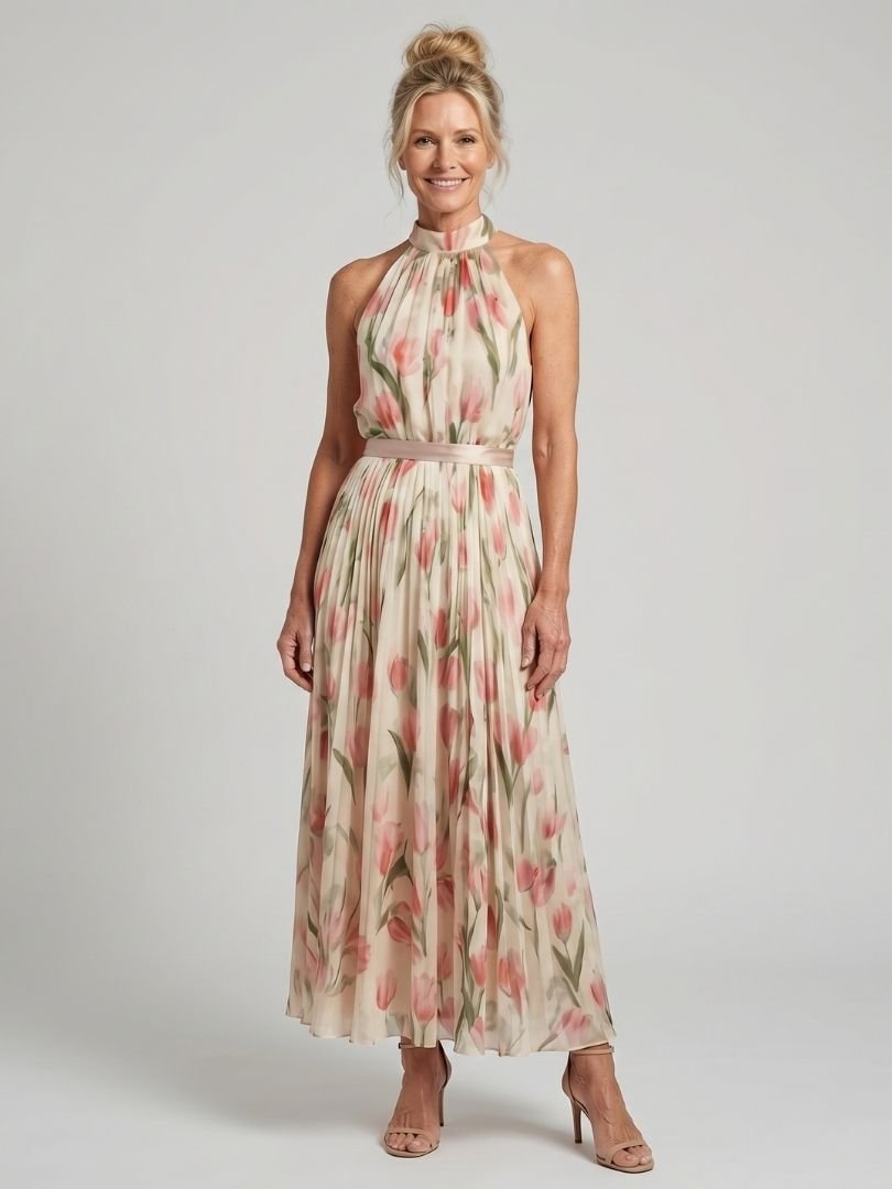 Aurelle | Halter Neck Floral Midi Dress - Harry & Olivia Birmingham