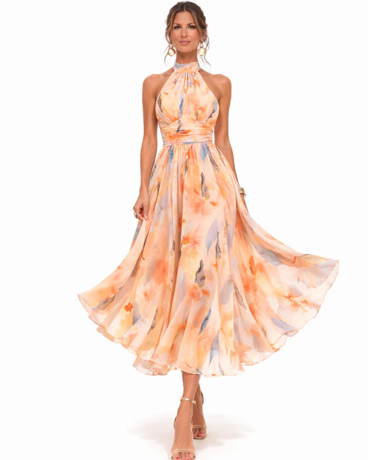 Aurora | Halter Neck Dress with Watercolor Print - Harry & Olivia Birmingham