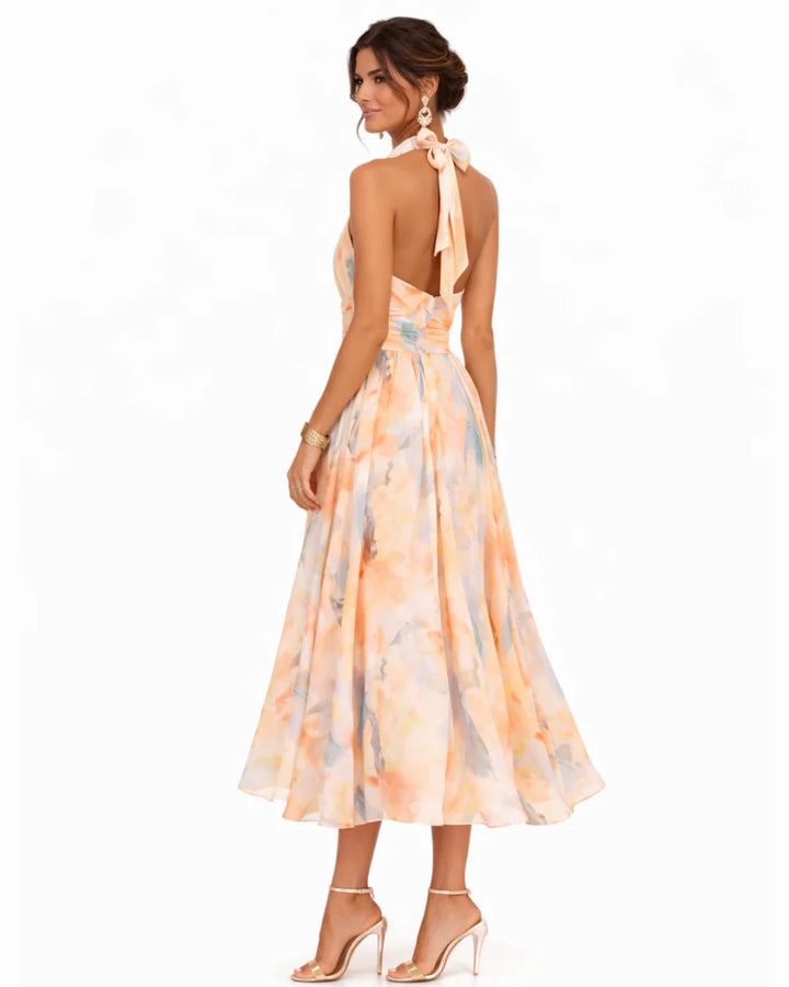 Aurora | Halter Neck Dress with Watercolor Print - Harry & Olivia Birmingham