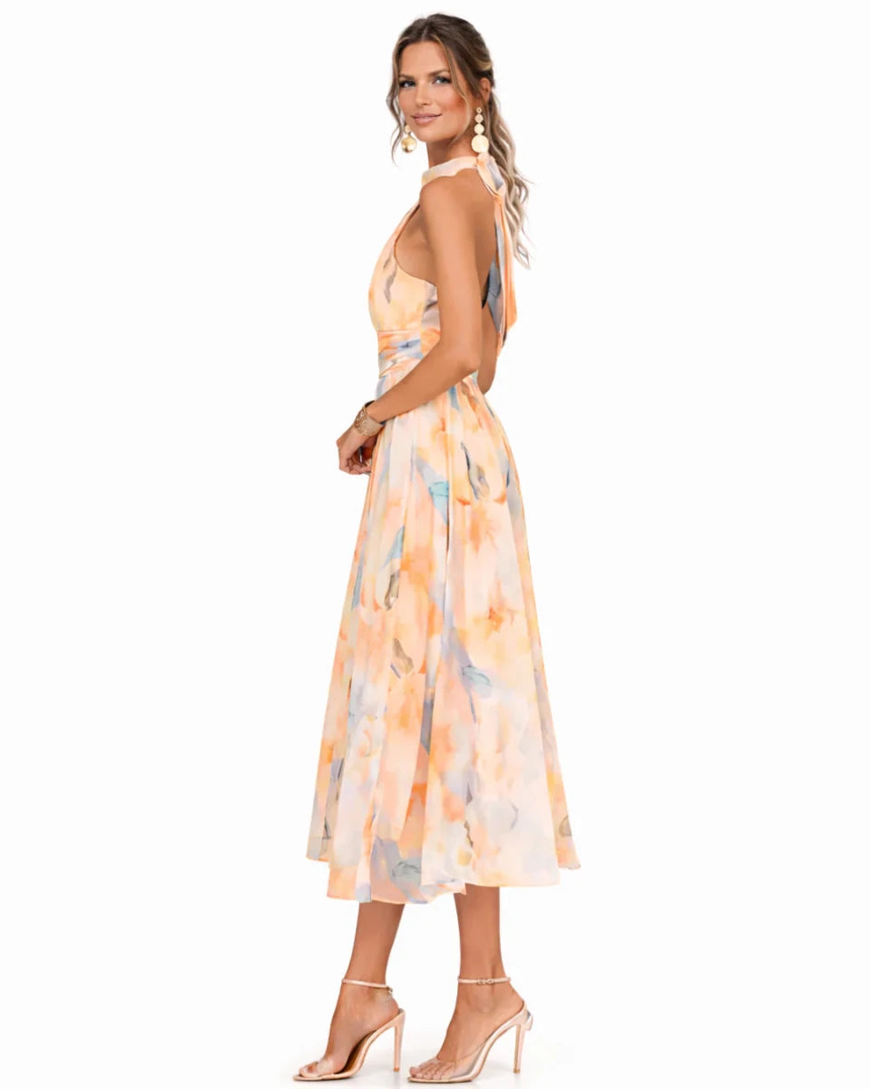 Aurora | Halter Neck Dress with Watercolor Print - Harry & Olivia Birmingham