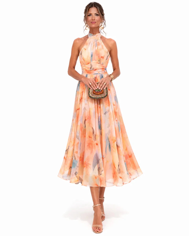 Aurora | Halter Neck Dress with Watercolor Print - Harry & Olivia Birmingham