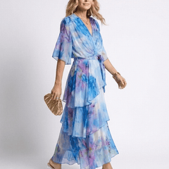 Calista | Sheer Layered V Neck Tie Waist Maxi Dress - Harry & Olivia Birmingham