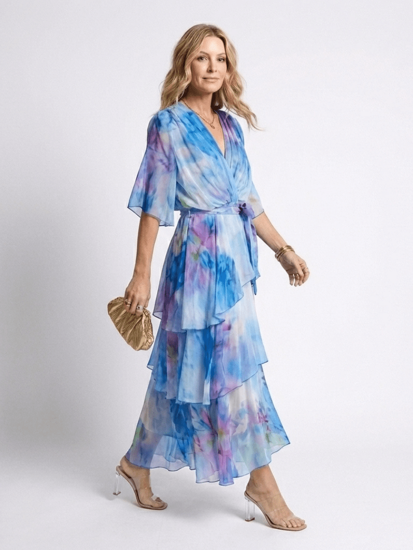 Calista | Sheer Layered V Neck Tie Waist Maxi Dress - Harry & Olivia Birmingham