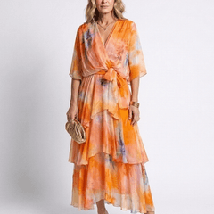 Calista | Sheer Layered V Neck Tie Waist Maxi Dress - Harry & Olivia Birmingham