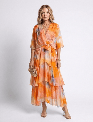 Calista | Sheer Layered V Neck Tie Waist Maxi Dress - Harry & Olivia Birmingham