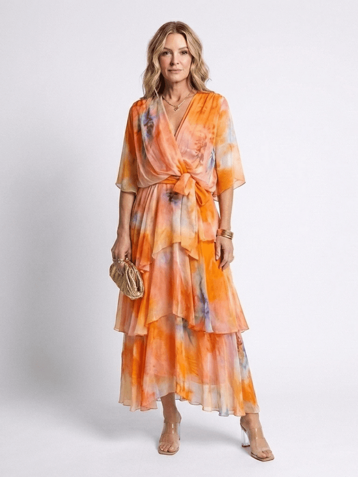 Calista | Sheer Layered V Neck Tie Waist Maxi Dress - Harry & Olivia Birmingham