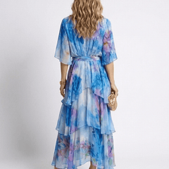 Calista | Sheer Layered V Neck Tie Waist Maxi Dress - Harry & Olivia Birmingham