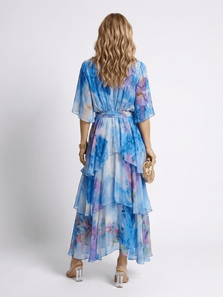 Calista | Sheer Layered V Neck Tie Waist Maxi Dress - Harry & Olivia Birmingham