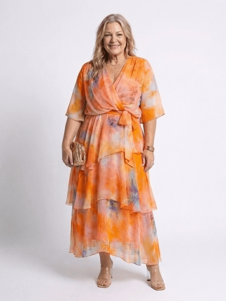 Calista | Sheer Layered V Neck Tie Waist Maxi Dress - Harry & Olivia Birmingham