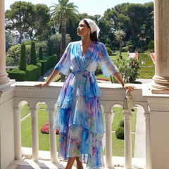 Calista | Sheer Layered V Neck Tie Waist Maxi Dress - Harry & Olivia Birmingham