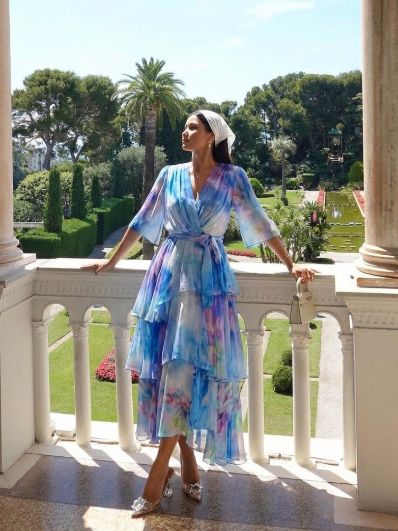 Calista | Sheer Layered V Neck Tie Waist Maxi Dress - Harry & Olivia Birmingham