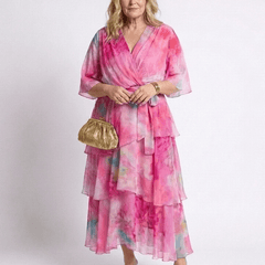 Calista | Sheer Layered V Neck Tie Waist Maxi Dress - Harry & Olivia Birmingham