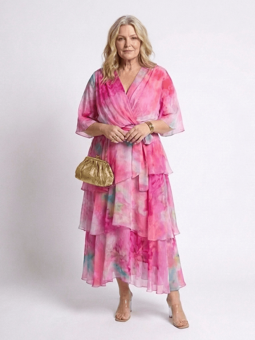 Calista | Sheer Layered V Neck Tie Waist Maxi Dress - Harry & Olivia Birmingham