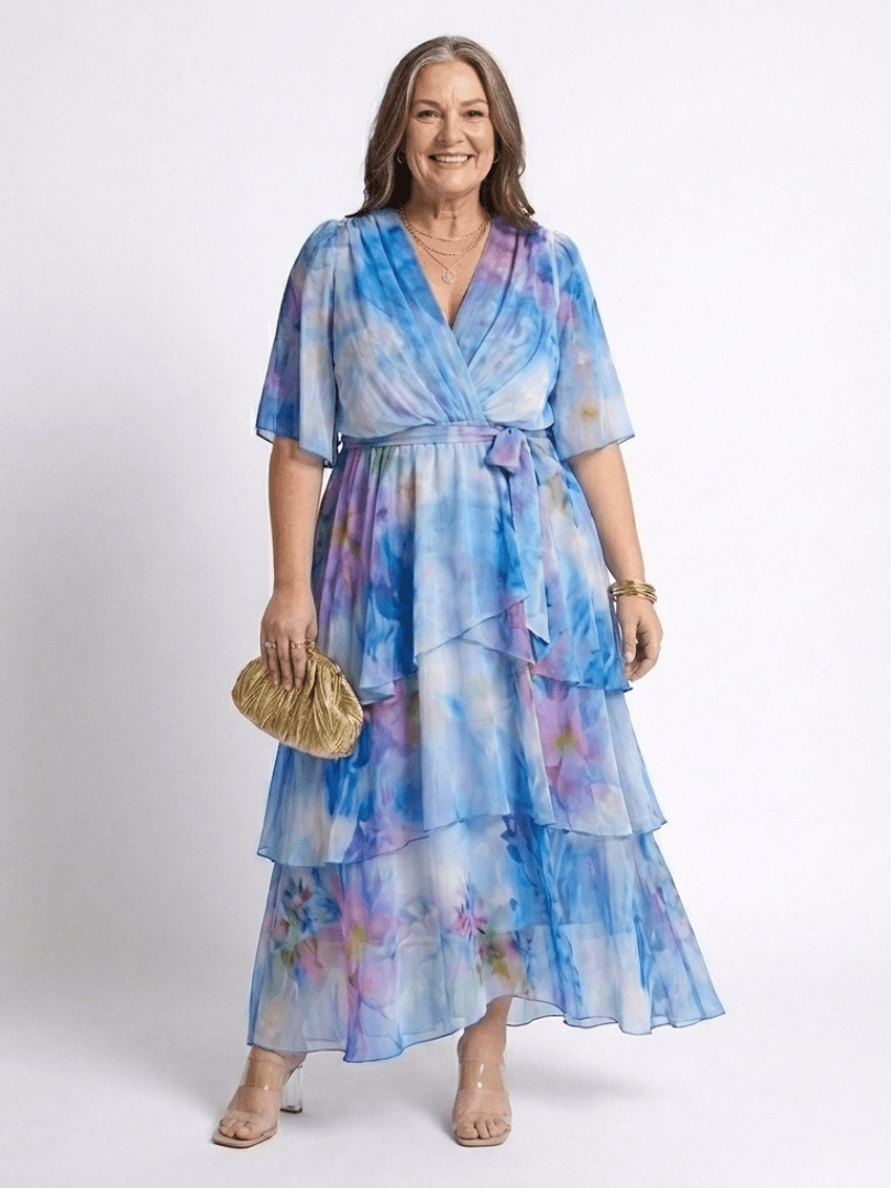 Calista | Sheer Layered V Neck Tie Waist Maxi Dress - Harry & Olivia Birmingham