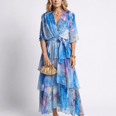 Calista | Sheer Layered V Neck Tie Waist Maxi Dress - Harry & Olivia Birmingham