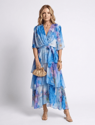 Calista | Sheer Layered V Neck Tie Waist Maxi Dress - Harry & Olivia Birmingham