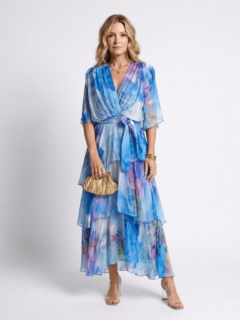 Calista | Sheer Layered V Neck Tie Waist Maxi Dress - Harry & Olivia Birmingham