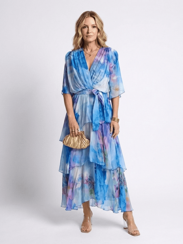 Calista | Sheer Layered V Neck Tie Waist Maxi Dress - Harry & Olivia Birmingham