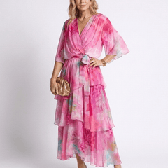 Calista | Sheer Layered V Neck Tie Waist Maxi Dress - Harry & Olivia Birmingham