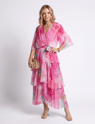 Calista | Sheer Layered V Neck Tie Waist Maxi Dress - Harry & Olivia Birmingham