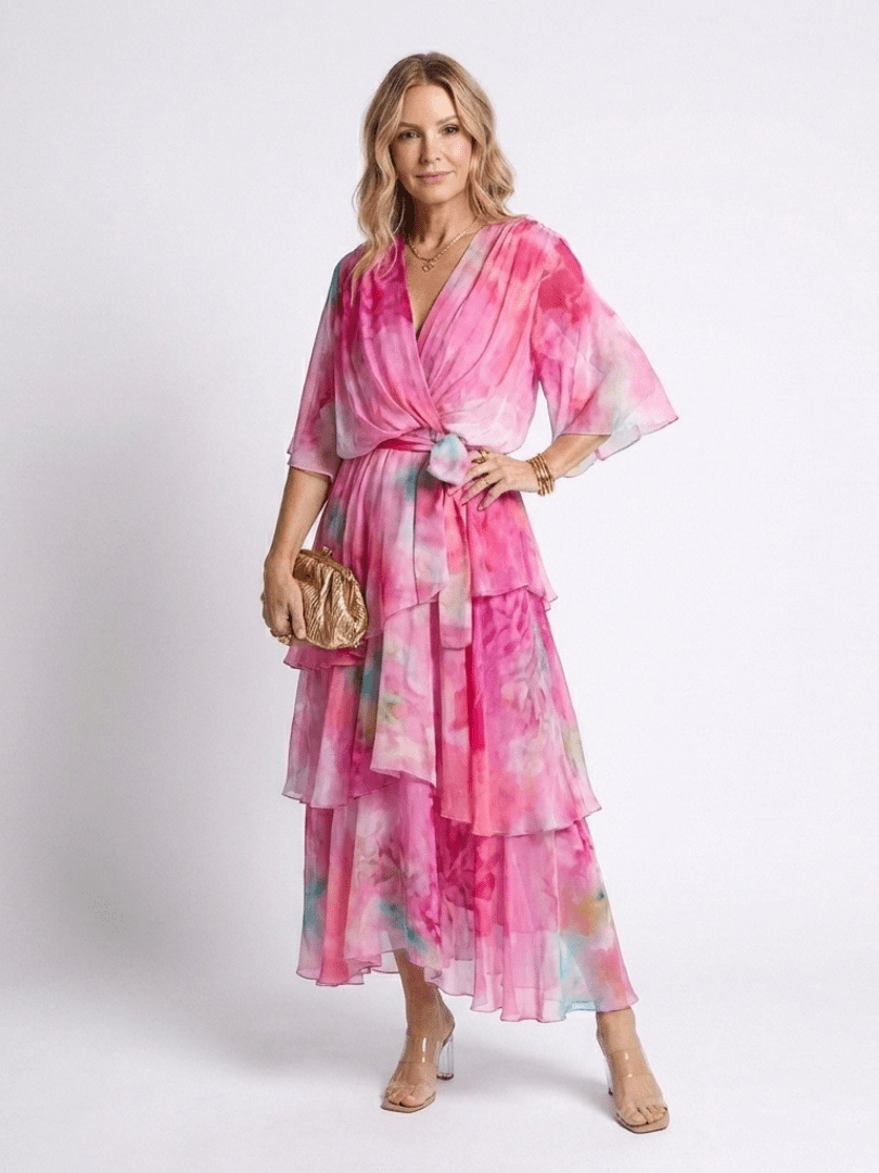 Calista | Sheer Layered V Neck Tie Waist Maxi Dress - Harry & Olivia Birmingham