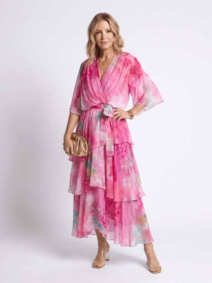 Calista | Sheer Layered V Neck Tie Waist Maxi Dress - Harry & Olivia Birmingham
