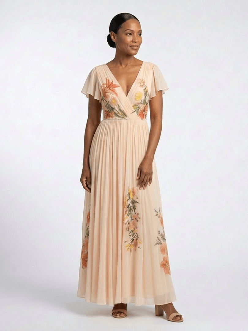 Calista | V Neck Short Sleeve Pleated Floral Maxi Dress - Harry & Olivia Birmingham