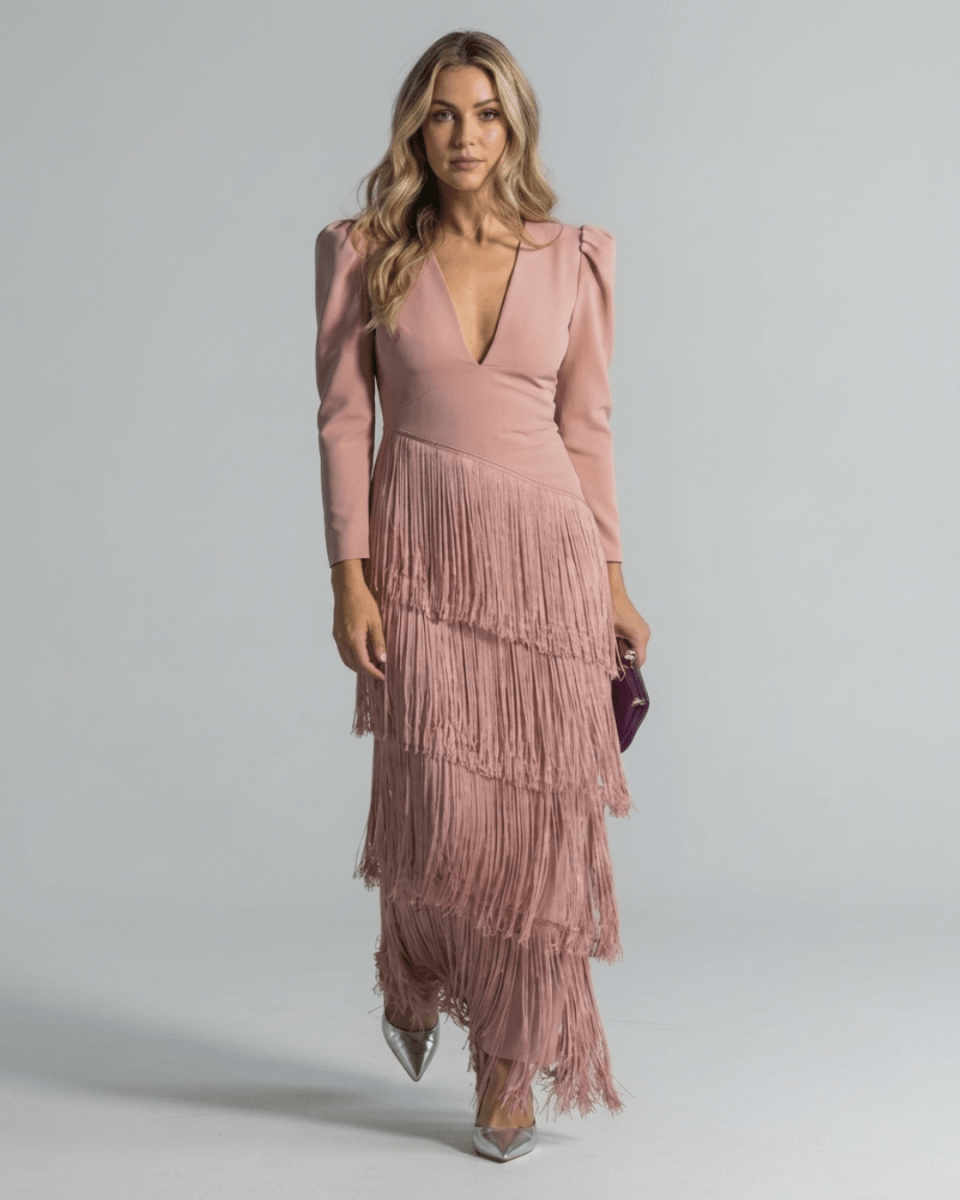 CLARA | Elegant Dress with Fringe Sleeves - Harry & Olivia Birmingham