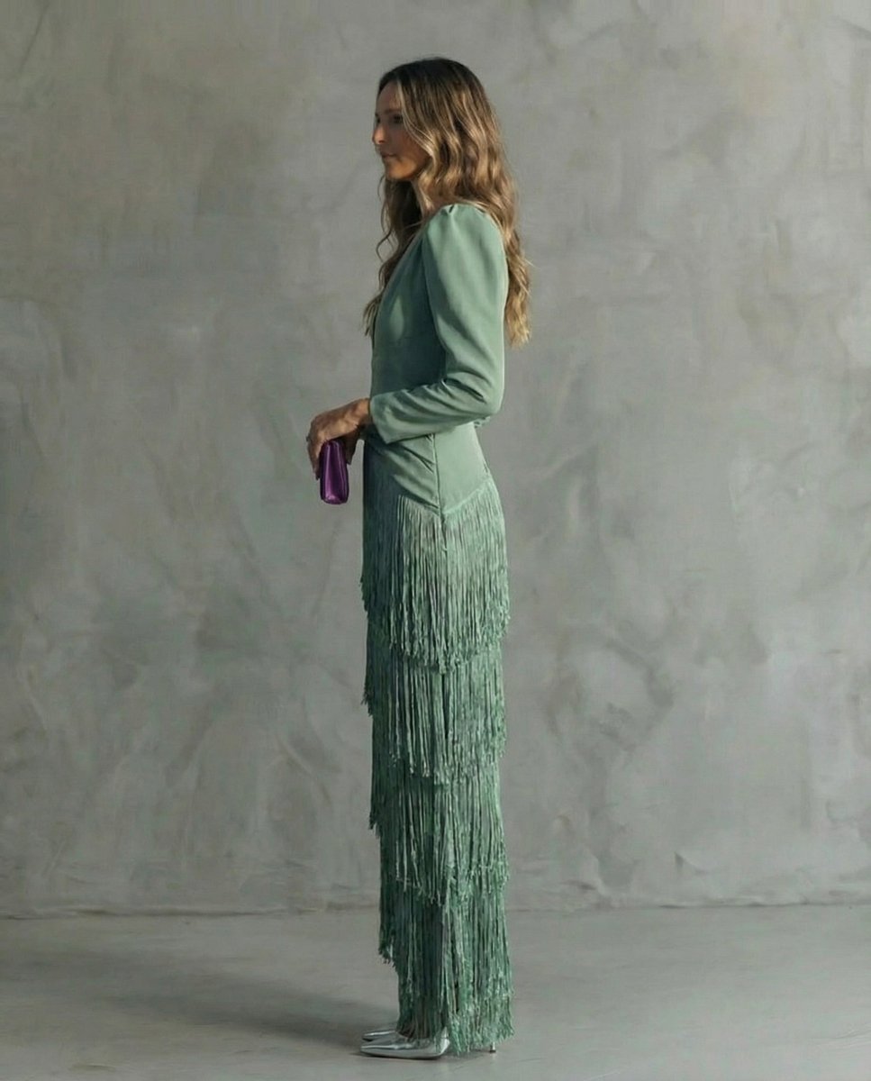 CLARA | Elegant Dress with Fringe Sleeves - Harry & Olivia Birmingham