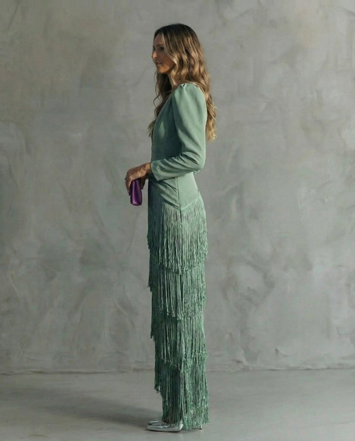 CLARA | Elegant Dress with Fringe Sleeves - Harry & Olivia Birmingham