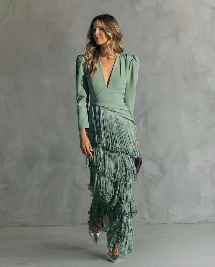 CLARA | Elegant Dress with Fringe Sleeves - Harry & Olivia Birmingham
