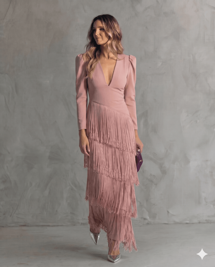 CLARA | Elegant Dress with Fringe Sleeves - Harry & Olivia Birmingham