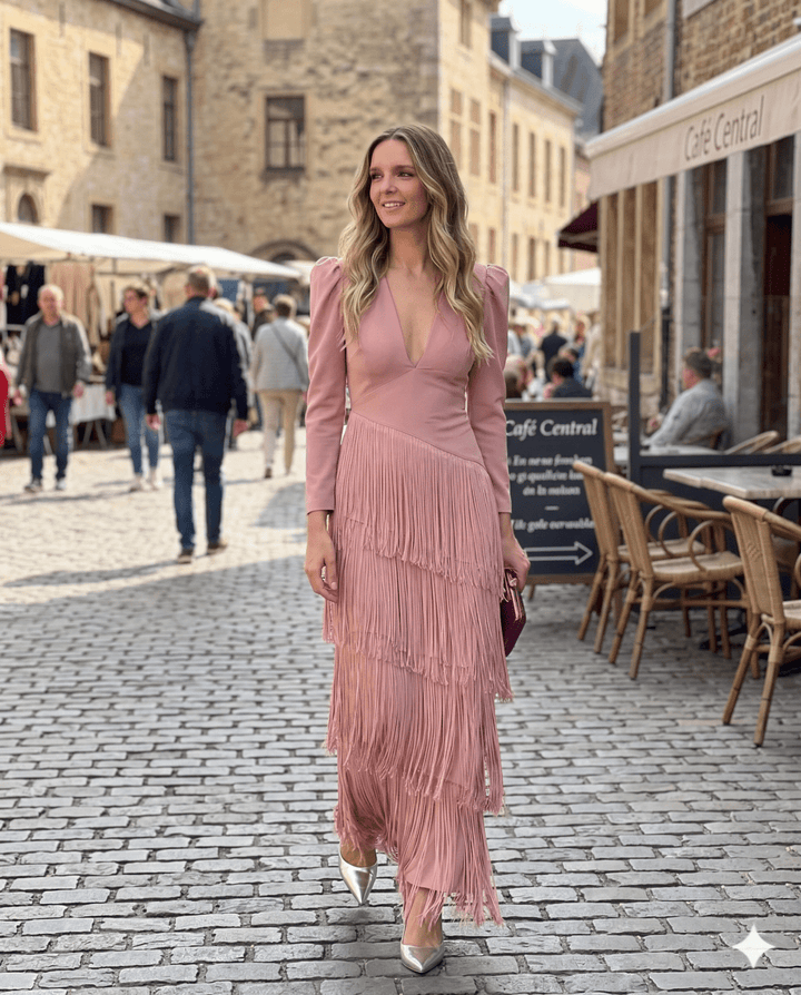 CLARA | Elegant Dress with Fringe Sleeves - Harry & Olivia Birmingham