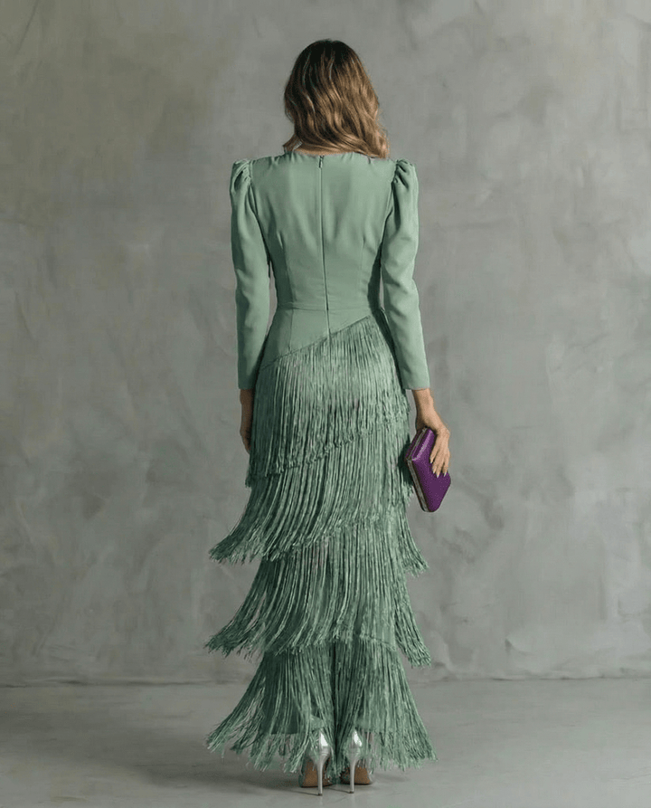 CLARA | Elegant Dress with Fringe Sleeves - Harry & Olivia Birmingham