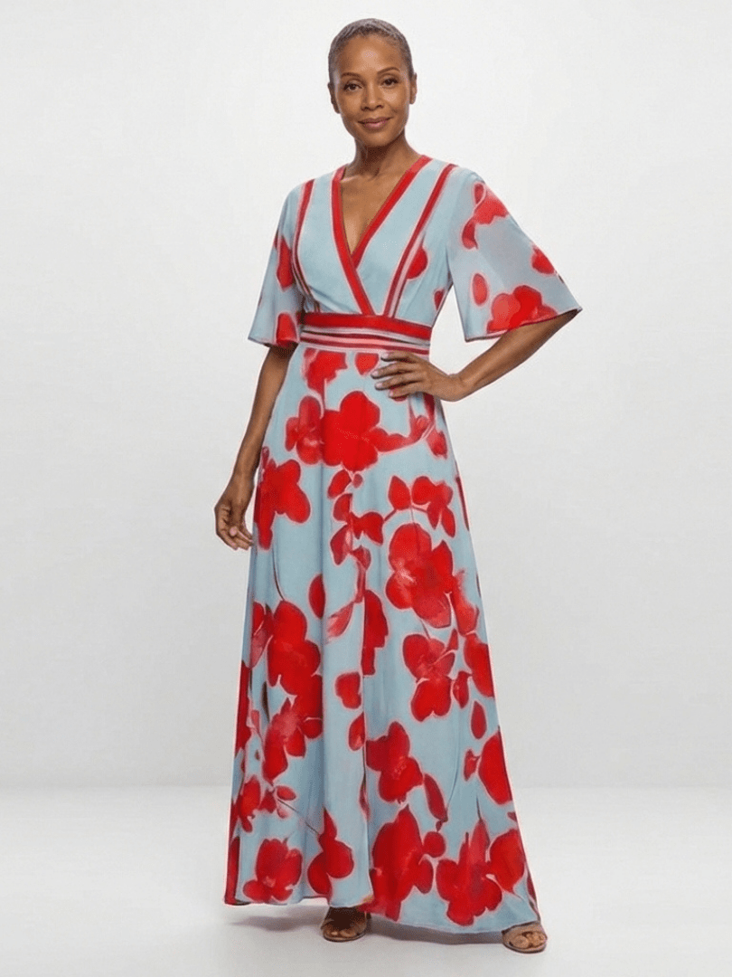 Corinne | V Neck Short Sleeve Floral Maxi Dress - Harry & Olivia Birmingham
